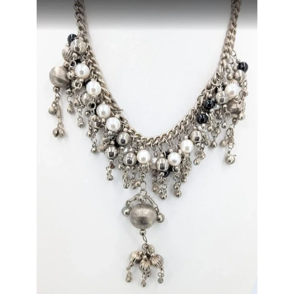 Statement Bib Necklace Silver Tone Faux Pearl Black Bead Cha Cha Charm 19 Inch